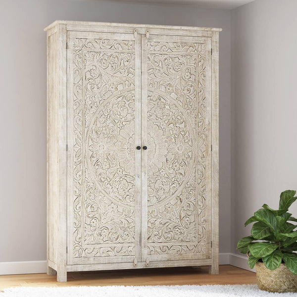 Salman Hand carved Solid Wood Large White Wardrobe Armoire