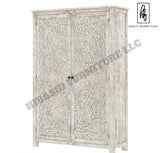 Sunflower Hand carved Solid Wood Large White Wardrobe Armoire