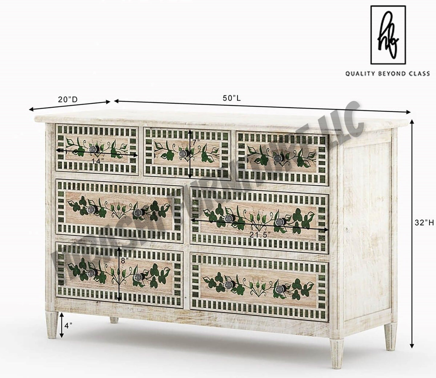 HALINA Handpainted Mango Wood 7 Drawer Bedroom Dresser