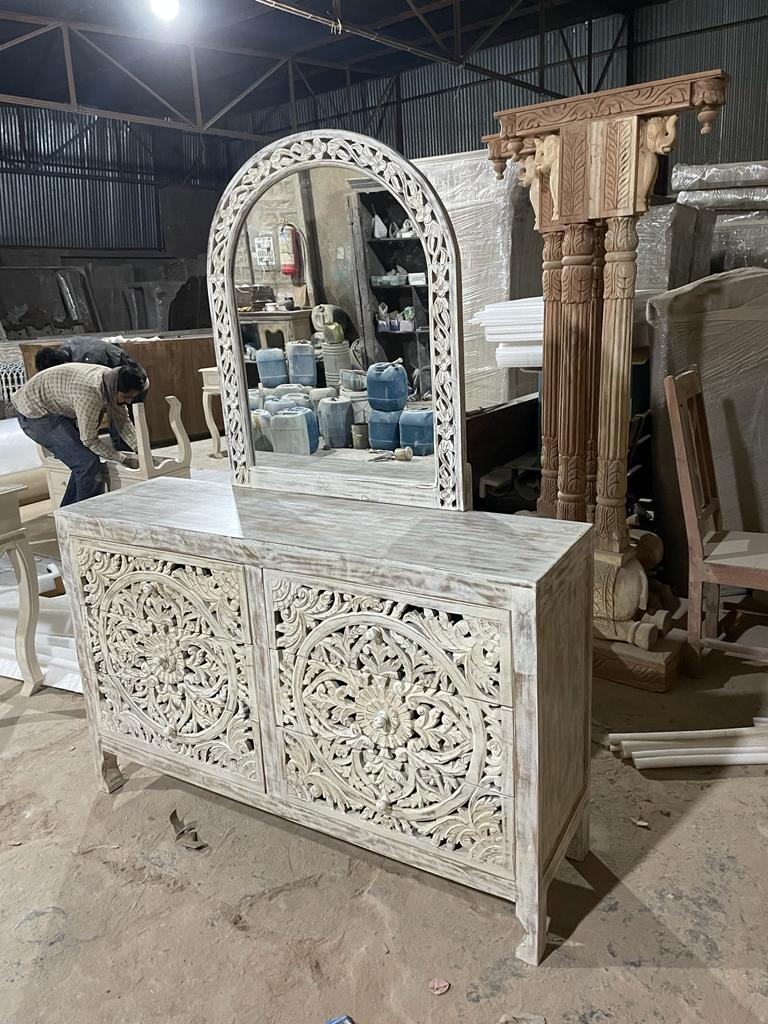 Lombok Hand Carved Wooden Six Drawer Dresser With Mirror