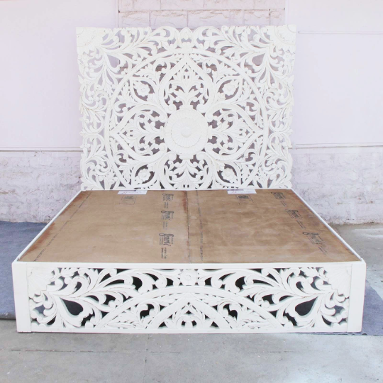 Amani Hand Carved Indian Solid wooden bed frame White