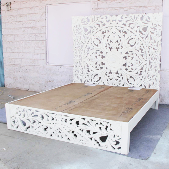 Amani Hand Carved Indian Solid wooden bed frame White