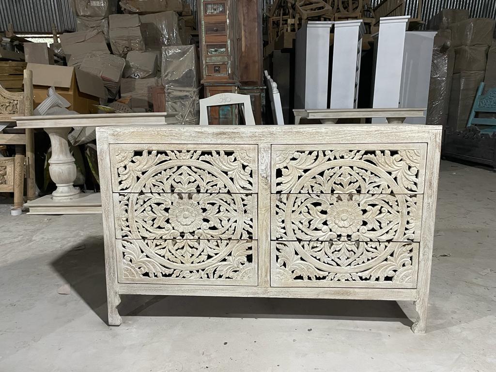Lombok Hand Carved Wooden Six Drawer Dresser/ Hand Made wooden Dresser