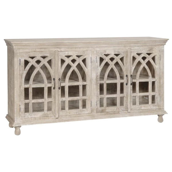 FRENCH ARCHED GLASS DOOR WOODEN SIDEBOARD WHITEWASH-180-40-90
