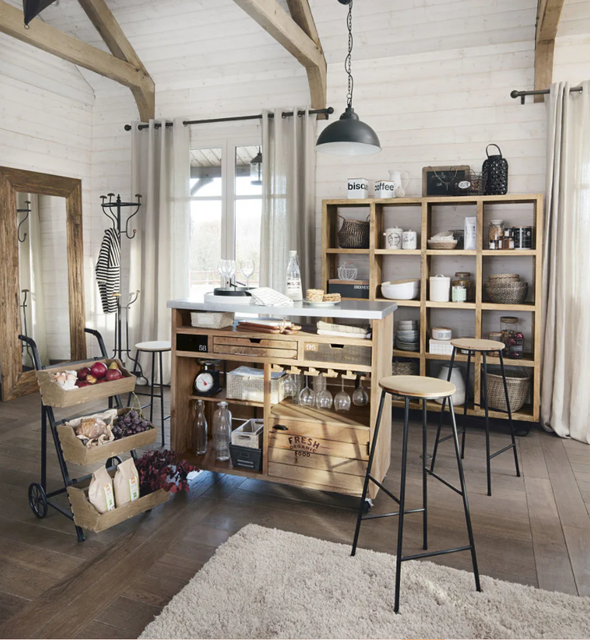 Anahaw Fir and Black Metal Industrial Bar Stool