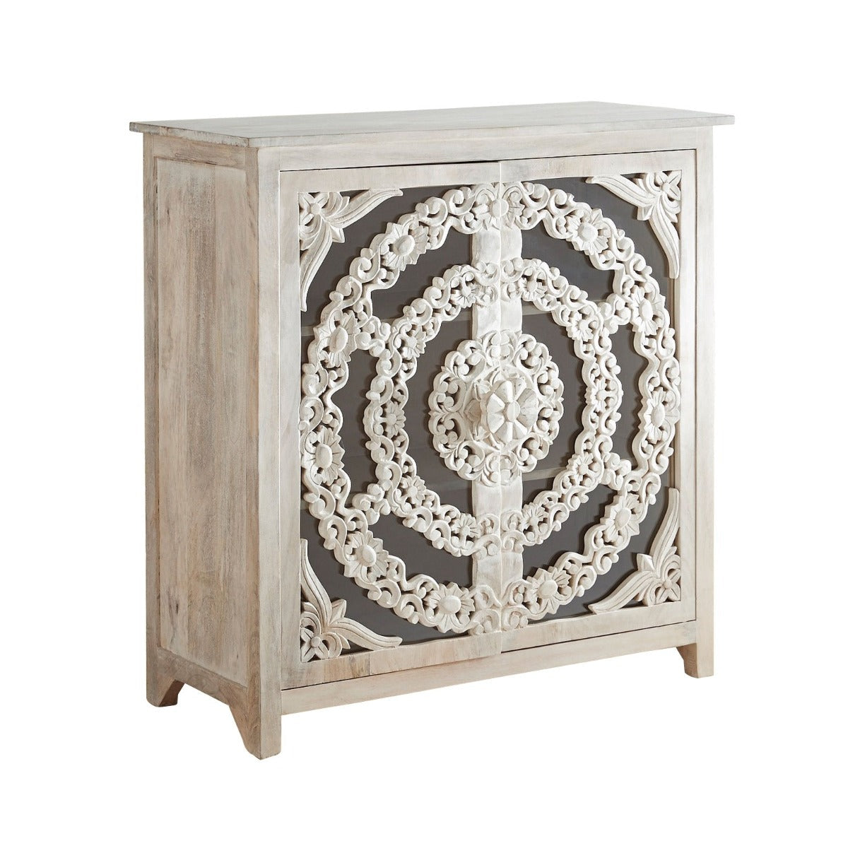 Modern Handcarved Indian Floral Arched Carved Glass Doors Sideboard