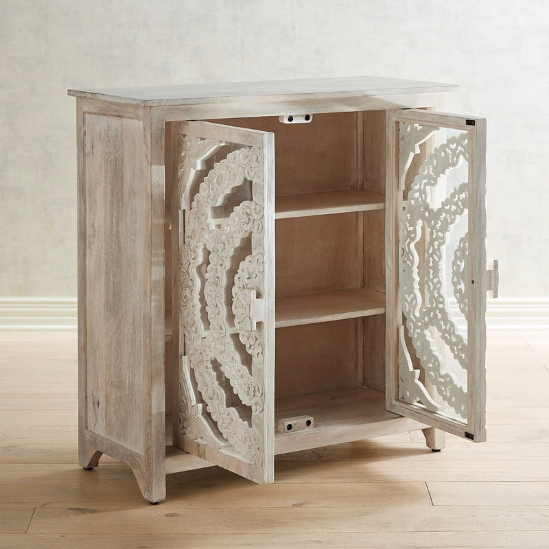 Modern Handcarved Indian Floral Arched Carved Glass Doors Sideboard