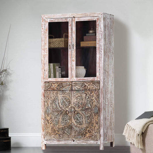 Floral Indian Hand carved Rustic Solid Wood Display Cabinet Armoire