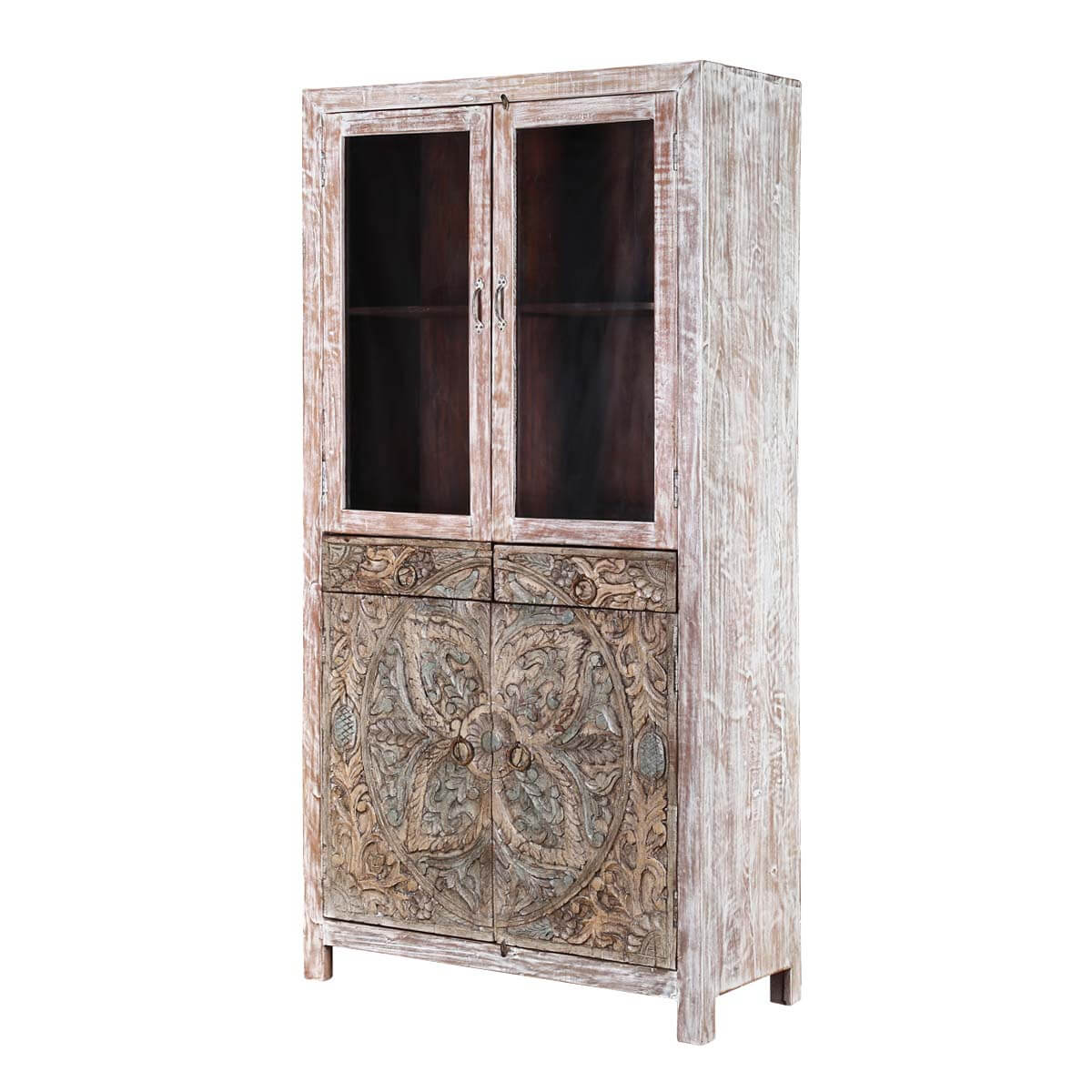 Floral Indian Hand carved Rustic Solid Wood Display Cabinet Armoire
