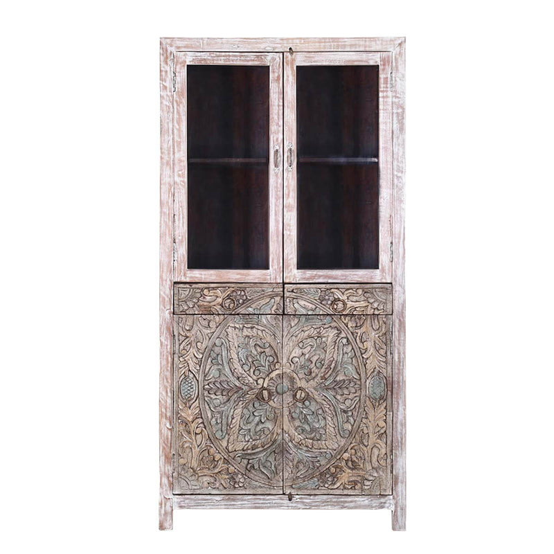Floral Indian Hand carved Rustic Solid Wood Display Cabinet Armoire