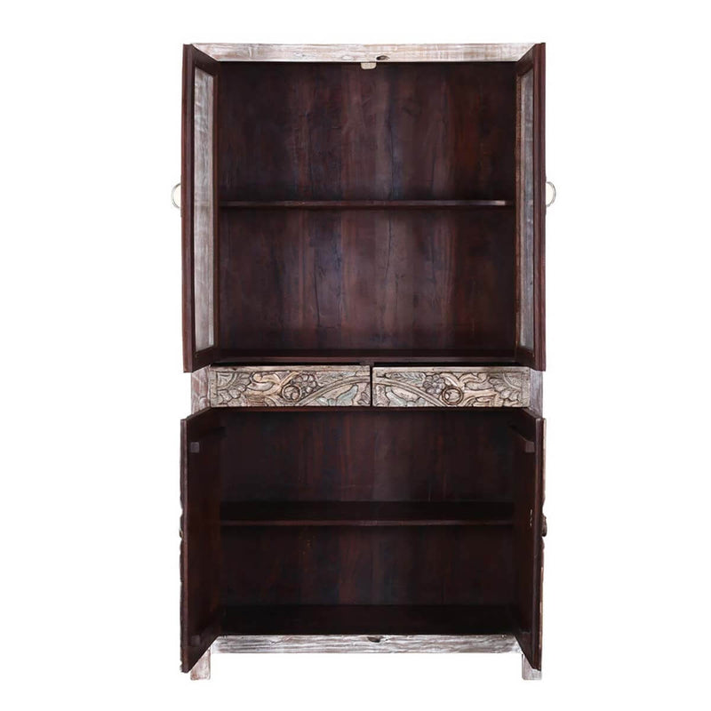 Floral Indian Hand carved Rustic Solid Wood Display Cabinet Armoire