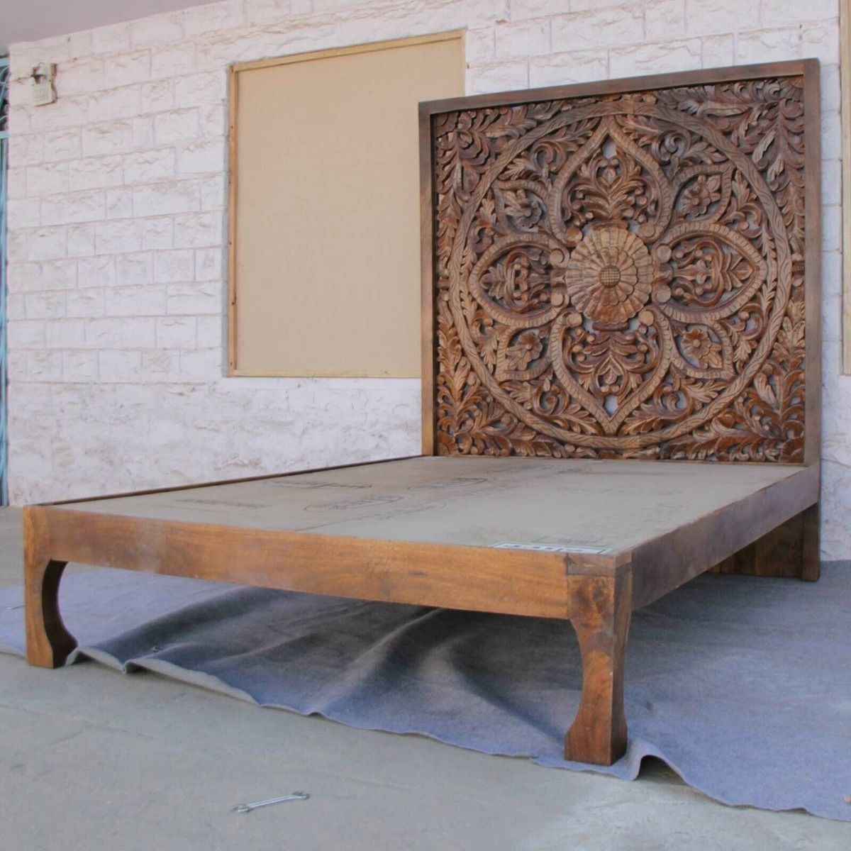 Riffa Hand Carved Indian Solid Wood Panel Bed Frame Queen/King