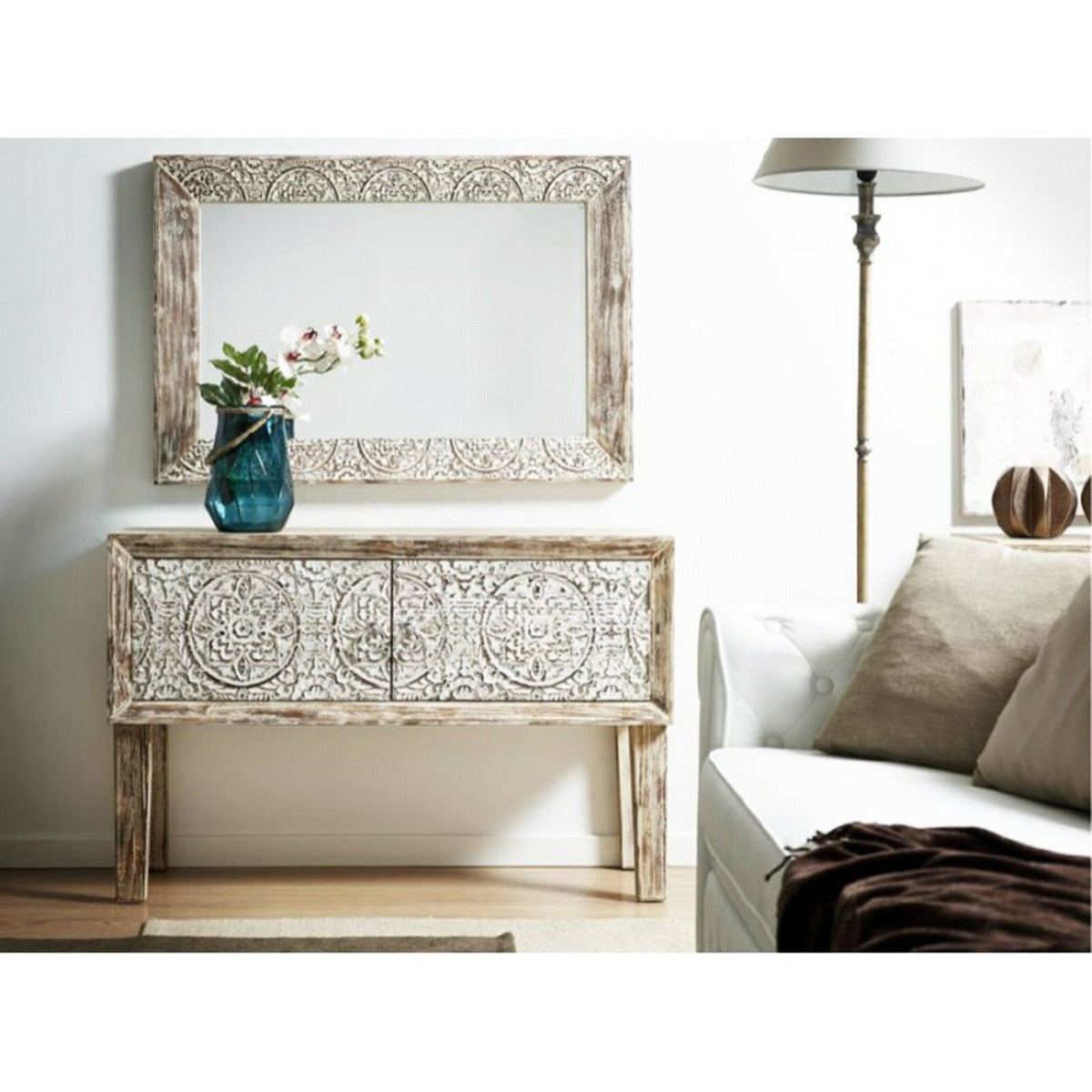 Floral Design Hand Carved Solid Wood Hall Side Table