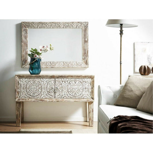 Floral Design Hand Carved Solid Wood Hall Side Table