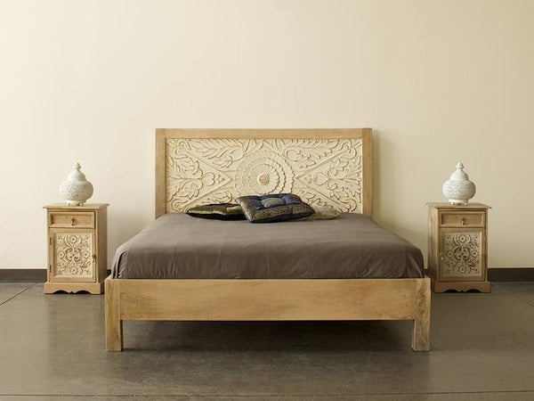 LAHI Handcarved Solid Wood Indian King Size Bed White