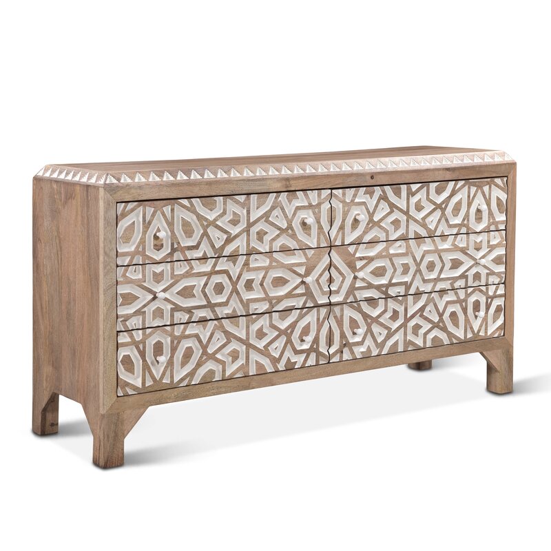 Mughal Garden Geometrical Hand Carved Natural 6 Drawers 2 Tone Dresser