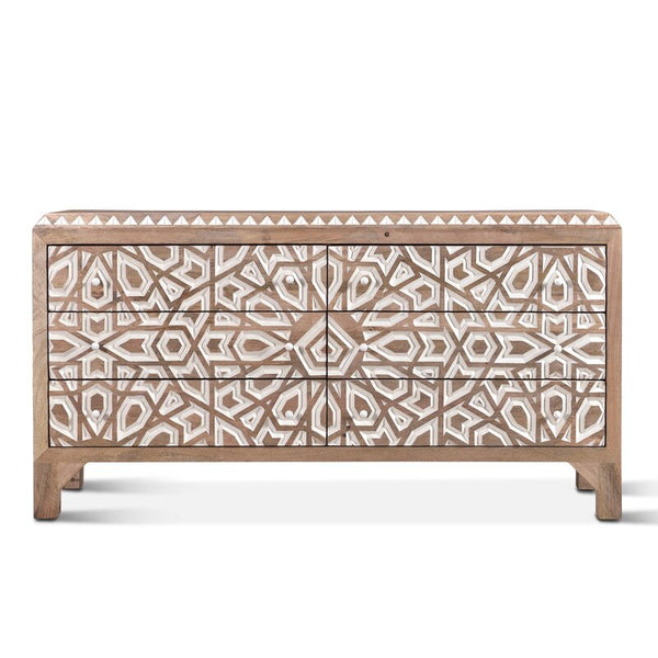 Mughal Garden Geometrical Hand Carved Natural 6 Drawers 2 Tone Dresser