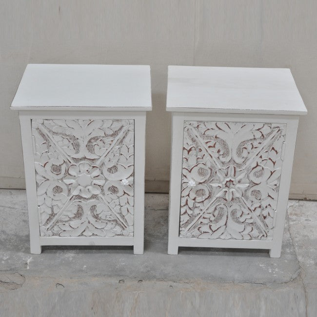 Indian Floral Design Hand Carved Wooden Bedside Table/ Hand Made Nightstand