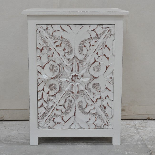 Indian Floral Design Hand Carved Wooden Bedside Table/ Hand Made Nightstand