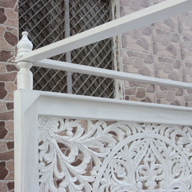 Indian Hand Carved wooden High Headboard Canopy Bed Frame
