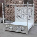 Indian Hand Carved wooden High Headboard Canopy Bed Frame