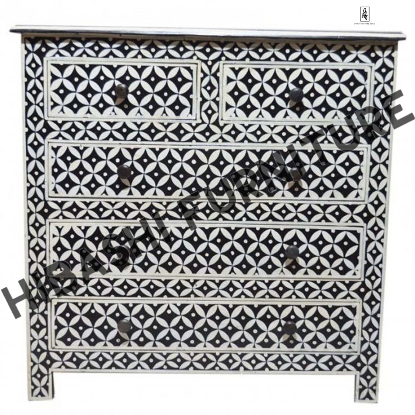 Pandora Bone Inlay Reclaimed Wood Tallboy Chest of 5 Drawers