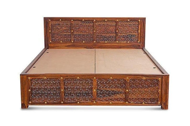 Solid Wood Brass Panache Bed with Storage and Embossed Antique Brass Work