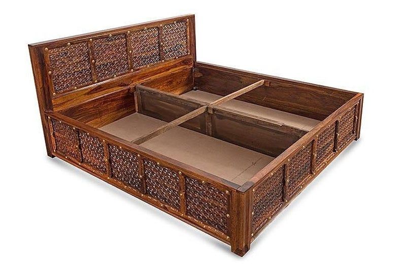 Solid Wood Brass Panache Bed with Storage and Embossed Antique Brass Work