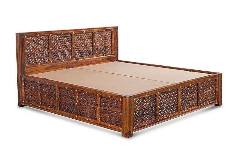 Solid Wood Brass Panache Bed with Storage and Embossed Antique Brass Work