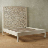 Dynasty hand carved Indian Solid wooden bed frame White