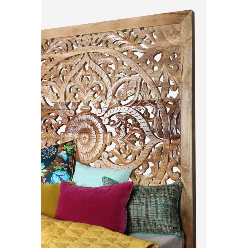 Dynasty Hand Carved Indian Solid Wooden Bed Frame Natural