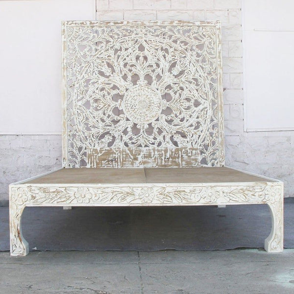 Dynasty hand carved Indian Solid wooden Nadia bed frame White