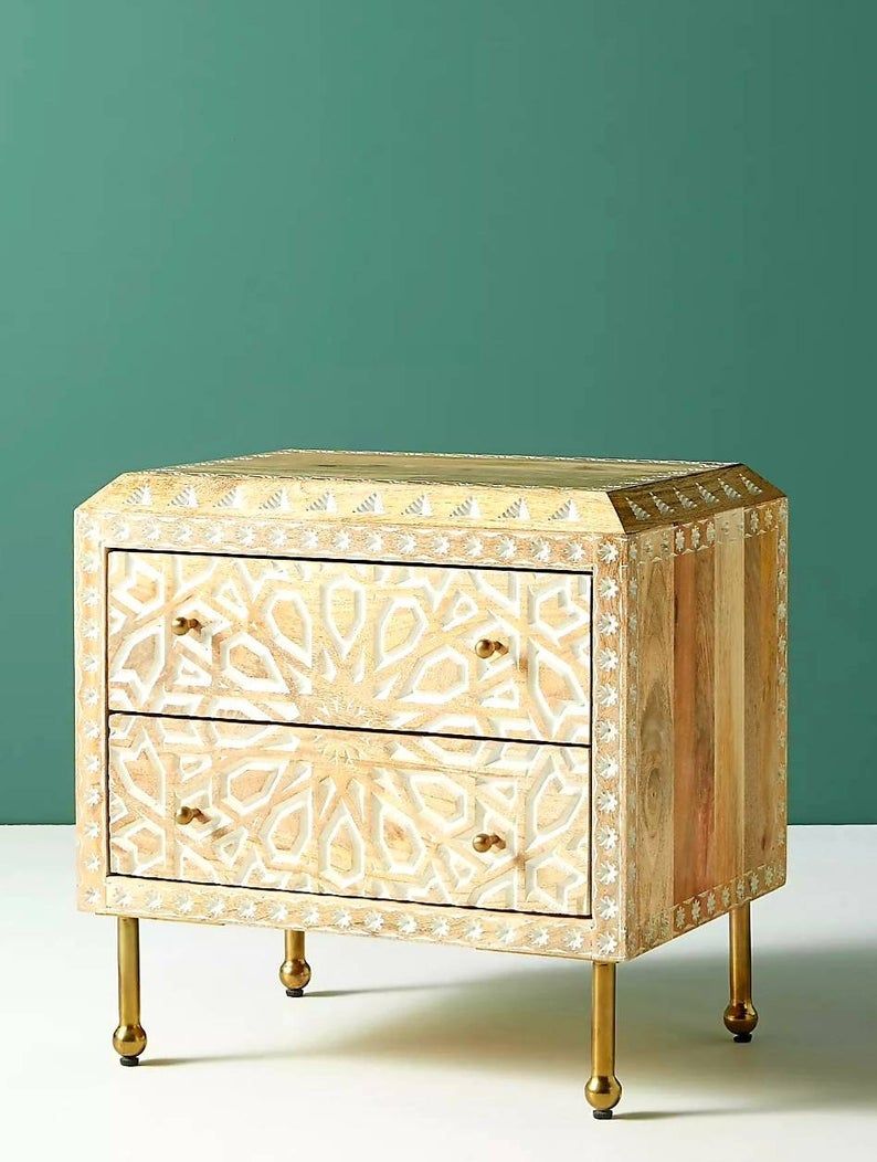 Mughal Garden Geometrical Carved Natural 2 Tone Bedside / Nightstand