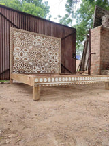 Mughal Garden Geometrical Carved Floral Natural 2 Tone Bed Frame