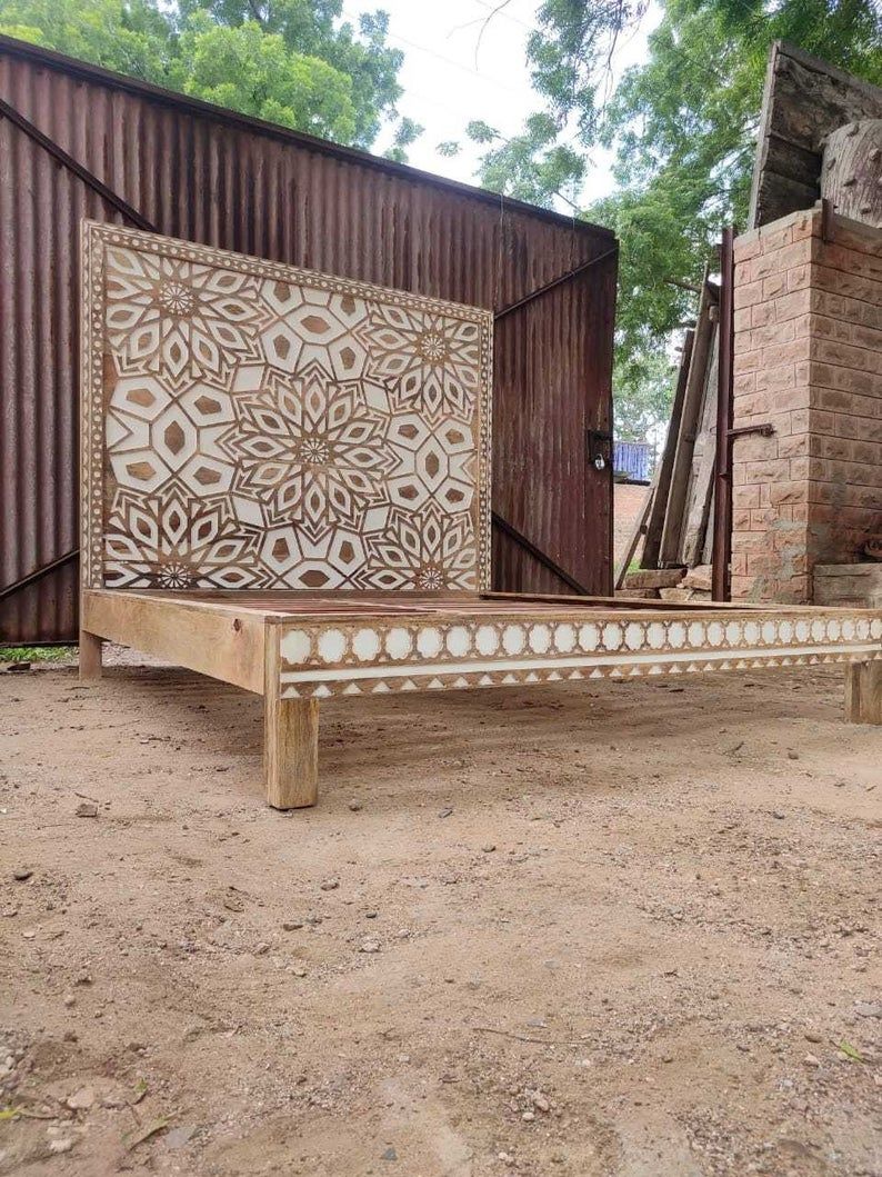 Mughal Garden Geometrical Carved Floral Natural 2 Tone Bed Frame