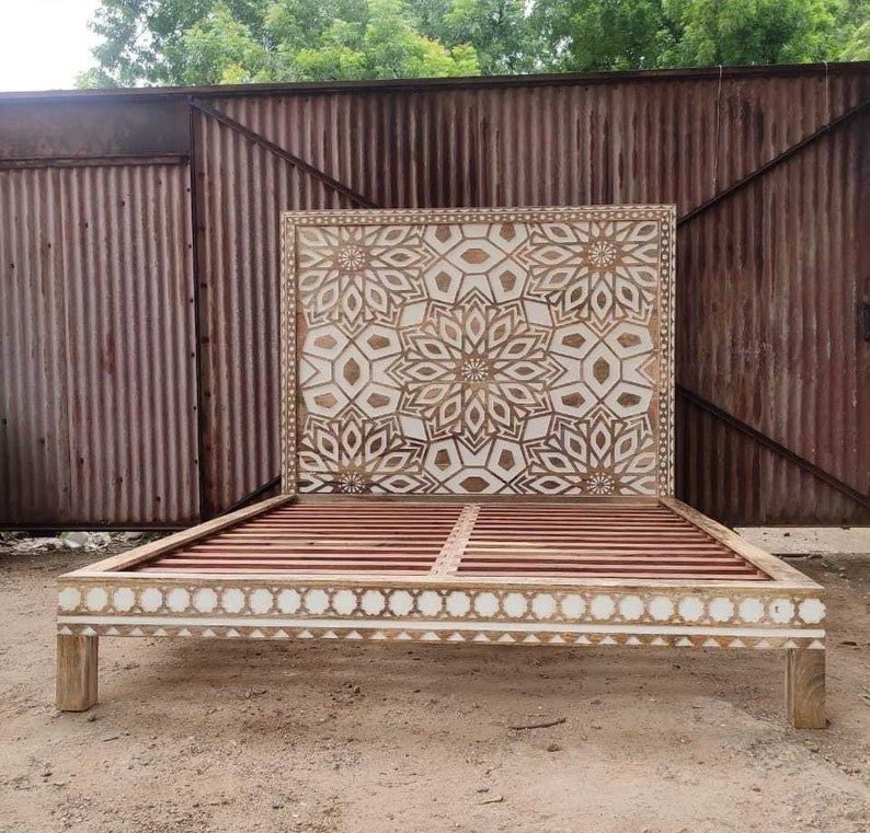 Mughal Garden Geometrical Carved Floral Natural 2 Tone Bed Frame