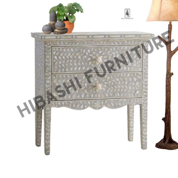 Santana Bone inlay White Floral 2 Drawer Bedside Lamp Table