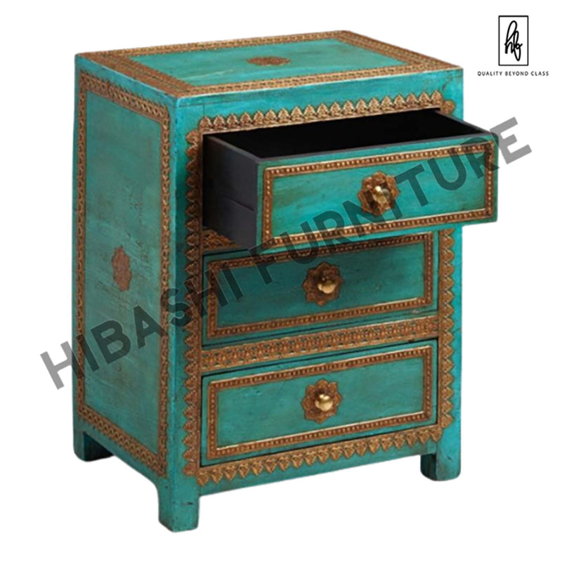 Ari Indian Solid Mango Wood Hand Carved Brass fitting Bedside Cabinet