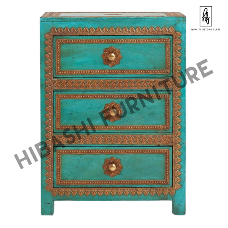 Ari Indian Solid Mango Wood Hand Carved Brass fitting Bedside Cabinet