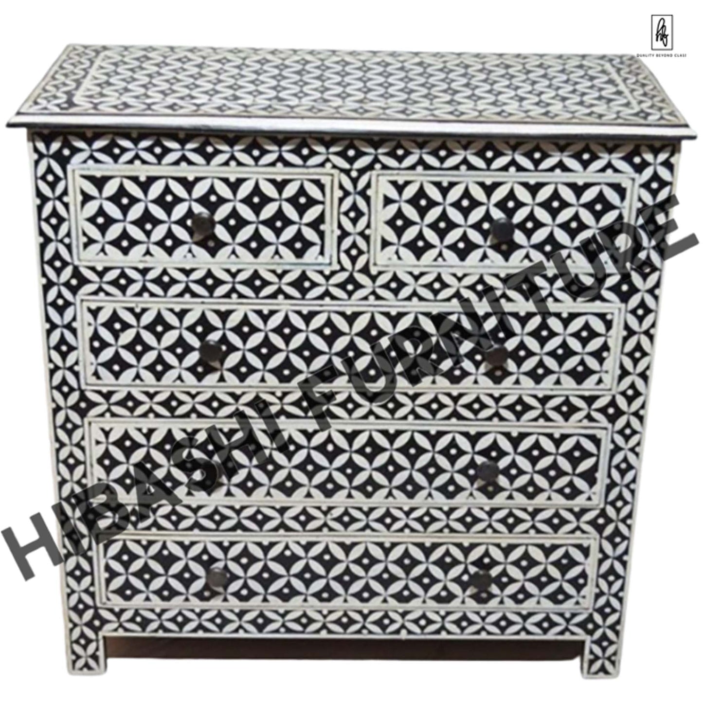 Pandora Bone Inlay Reclaimed Wood Tallboy Chest of 5 Drawers