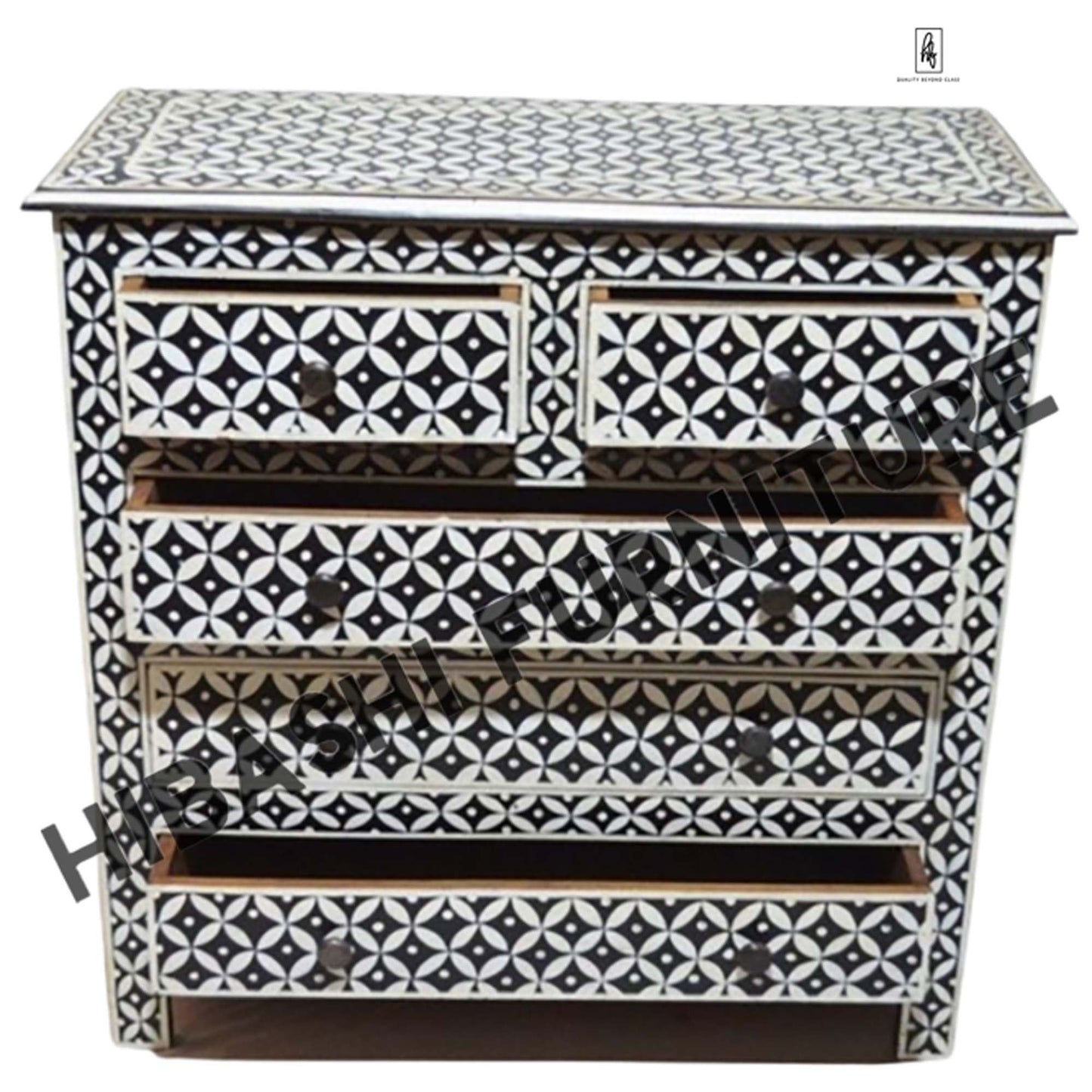 Pandora Bone Inlay Reclaimed Wood Tallboy Chest of 5 Drawers