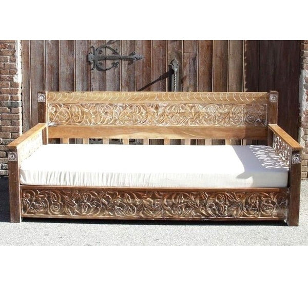 LUNA Hand Carved Rustic Floral Daybed Limewash