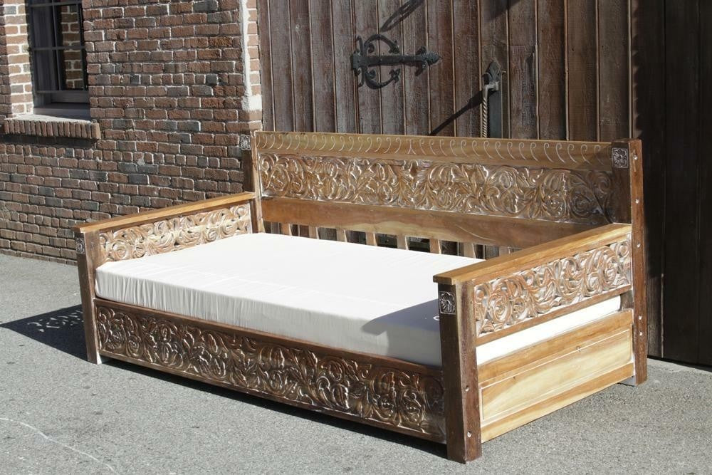 LUNA Hand Carved Rustic Floral Daybed Limewash