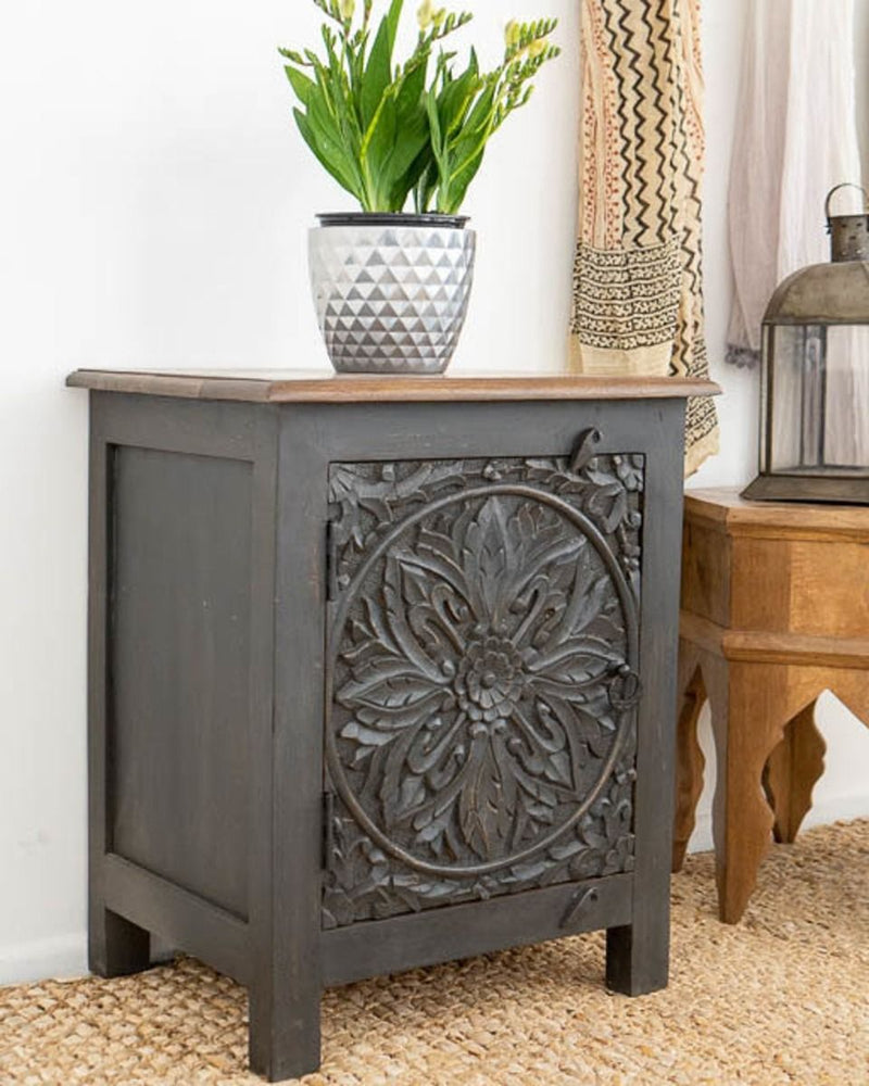 DAHLIA MIndian Wooden Hand Carved Bedside Cabinet