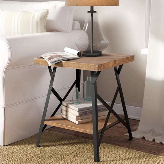 IVANA Industrial End Table with Solid Wood Top and Metal Base