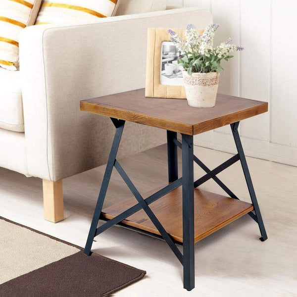 IVANA Industrial End Table with Solid Wood Top and Metal Base