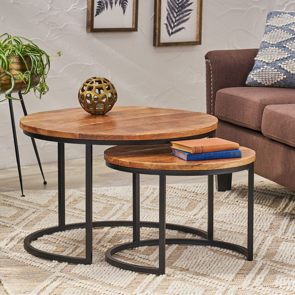CATICLAN Industrial Handcrafted Mango Wood Nested Tables, Set of 2, Honey Brown and Black