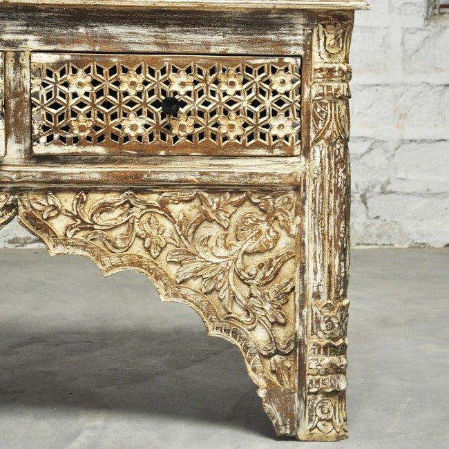 Mehrab Style Carved Console Table/Hall Table with Drawers - Cream Wash