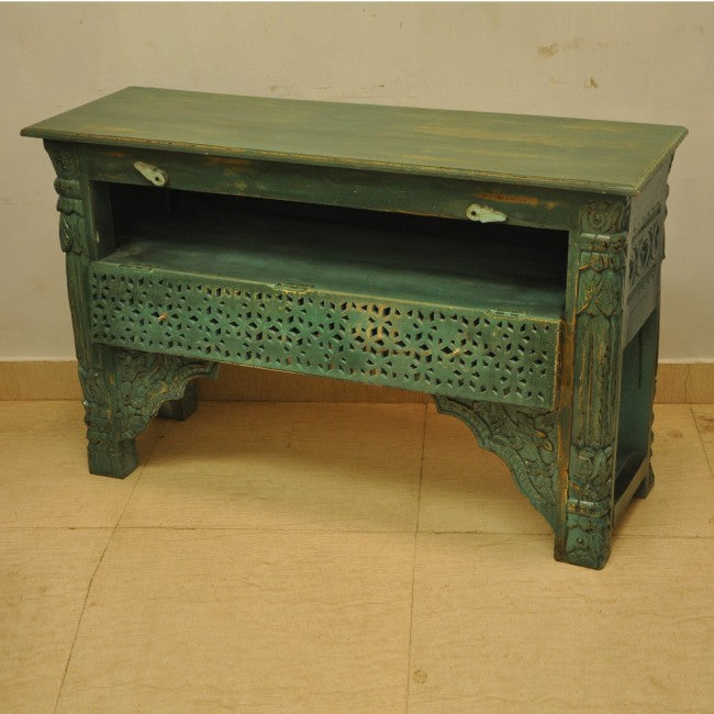Mehrab Style Carved Hall Table with Drawers-Green