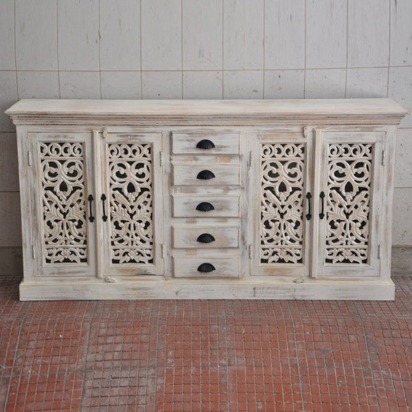 Jali Solid 5 Drawers Wooden Sideboard White Wash
